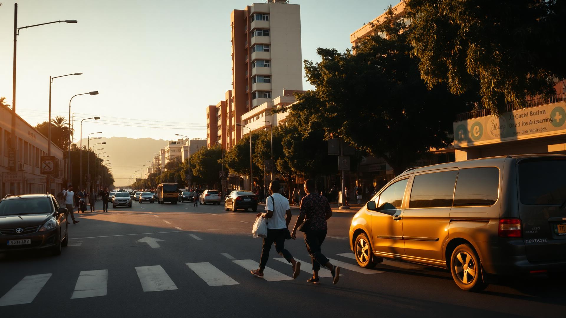 Avenue urbaine à Antananarivo avec des piétons traversant sur un passage protégé